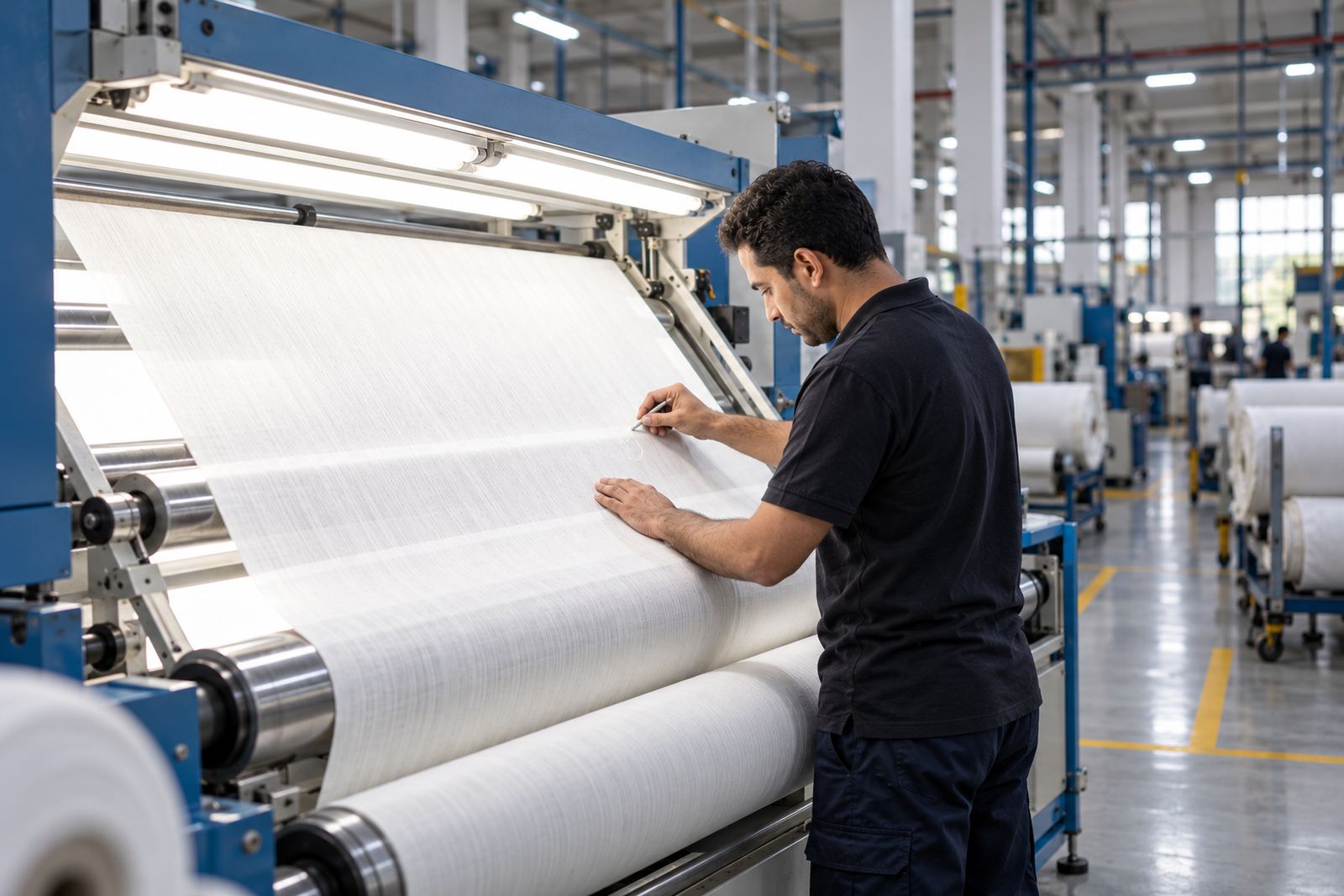 An inspector checking fabric