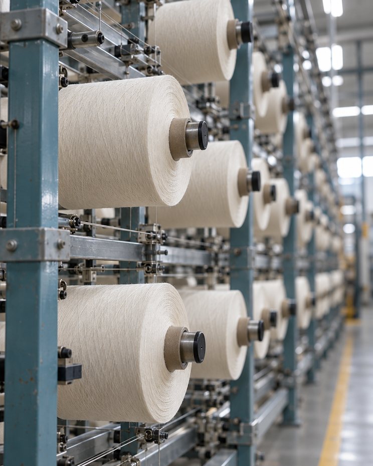 Cones of cotton yarn on the creel